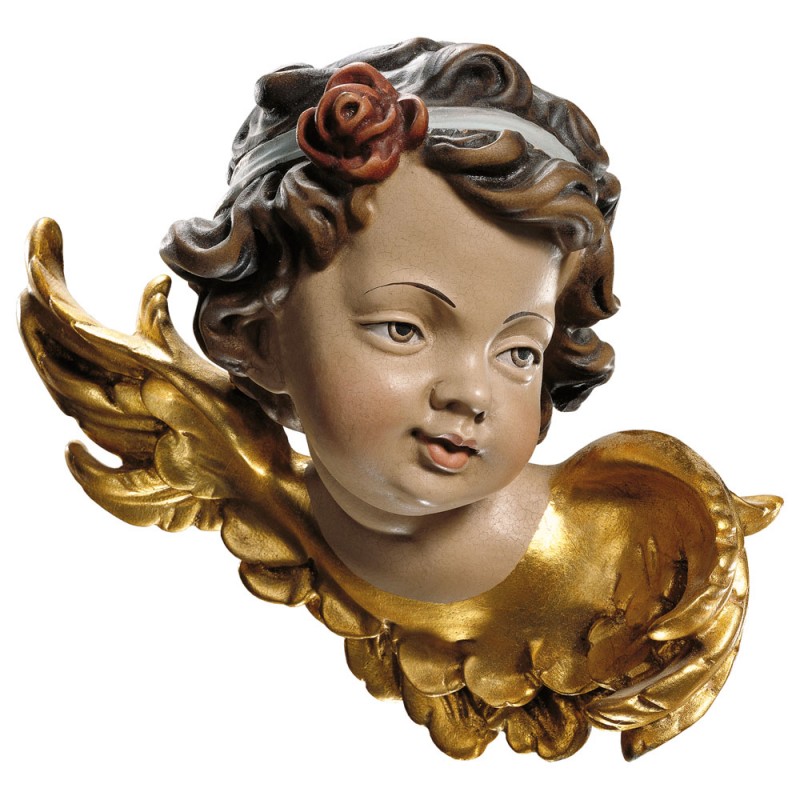 Aniołek, główka anielska z różą - figura drewniana