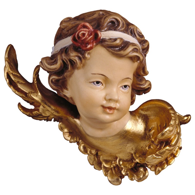 Aniołek, główka anielska z różą - figurka drewniana