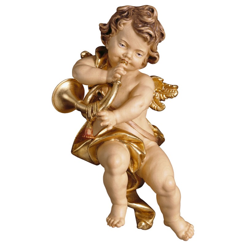 Aniołek z rogiem - figura drewniana