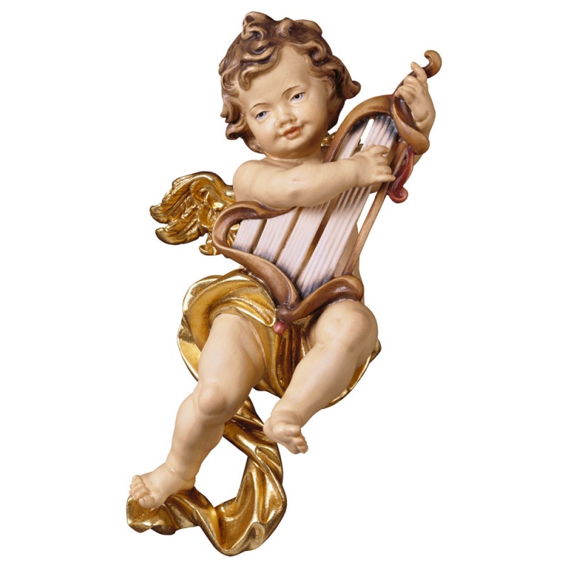 Aniołek grający na harfie - figurka drewniana