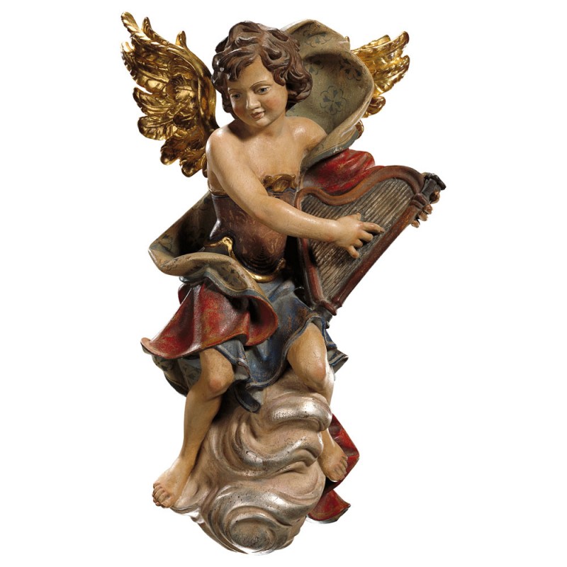 Aniołek z harfą na chmurze - rzeźba drewniana