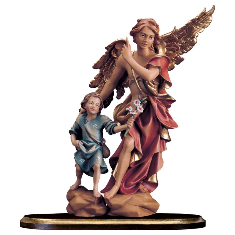 Anioł Stróż z chłopcem na podstawku - figurka drewniana