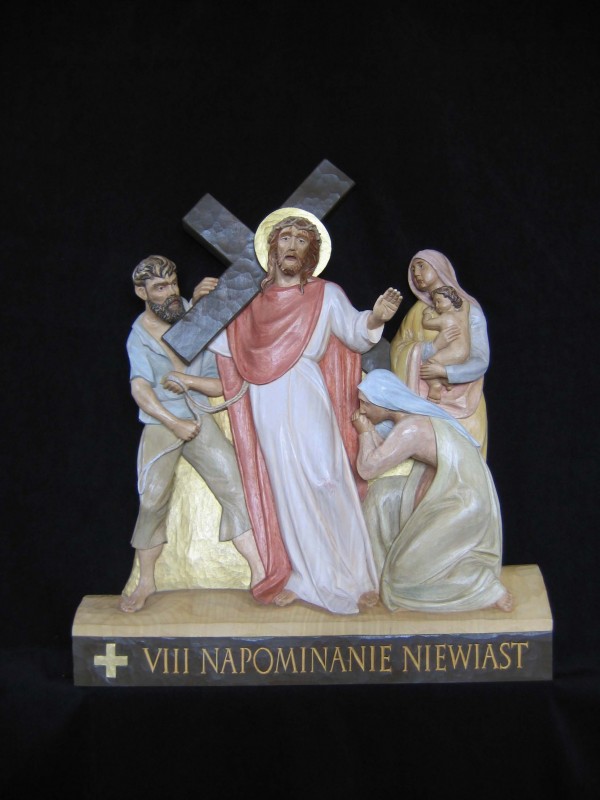 VIII stacja drogi krzyżowej - Jezus pociesza niewiasty - płaskorzeźba, figura, rzeźba w drewnie