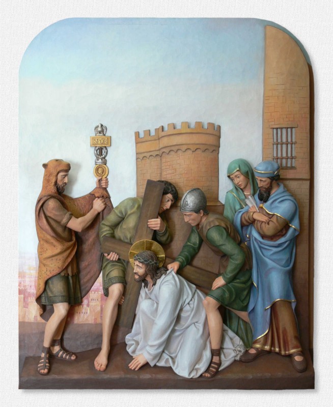 Stacje Drogi Krzyżowej - Stacja 3 - Jezus upada po raz pierwszy - figura z drewna lipowego