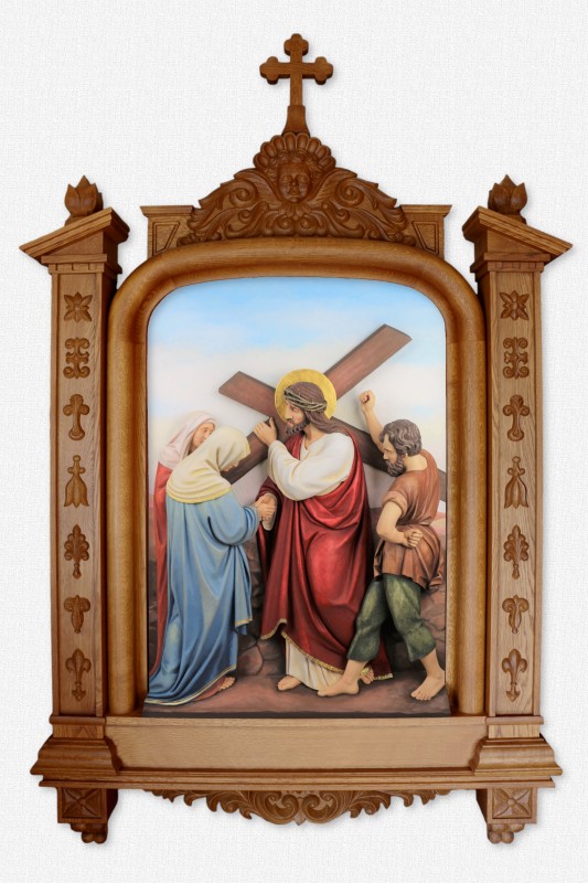 Stacja 4 - Stacje Drogi Krzyżowej - Spotkanie z matką - rzeźbiona z dębowej ramie