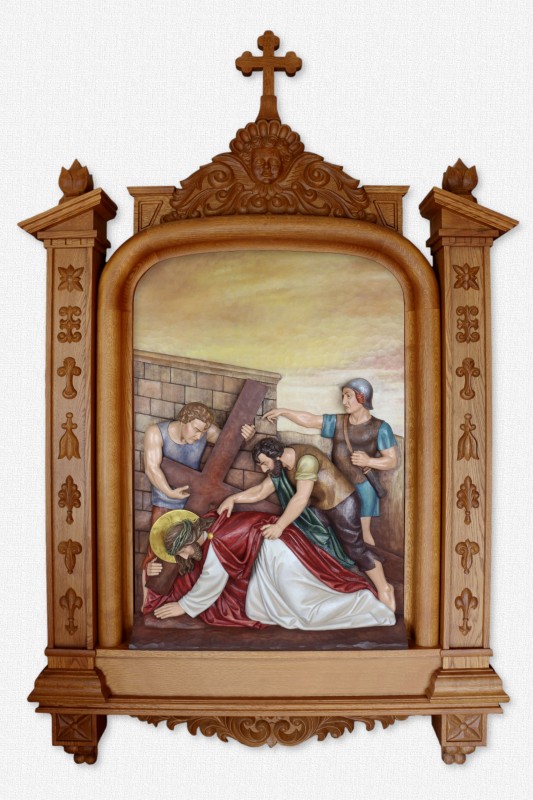 Stacja 7 - Drugi upadek - płaskorzeźba wykonana w drewnie lipowym