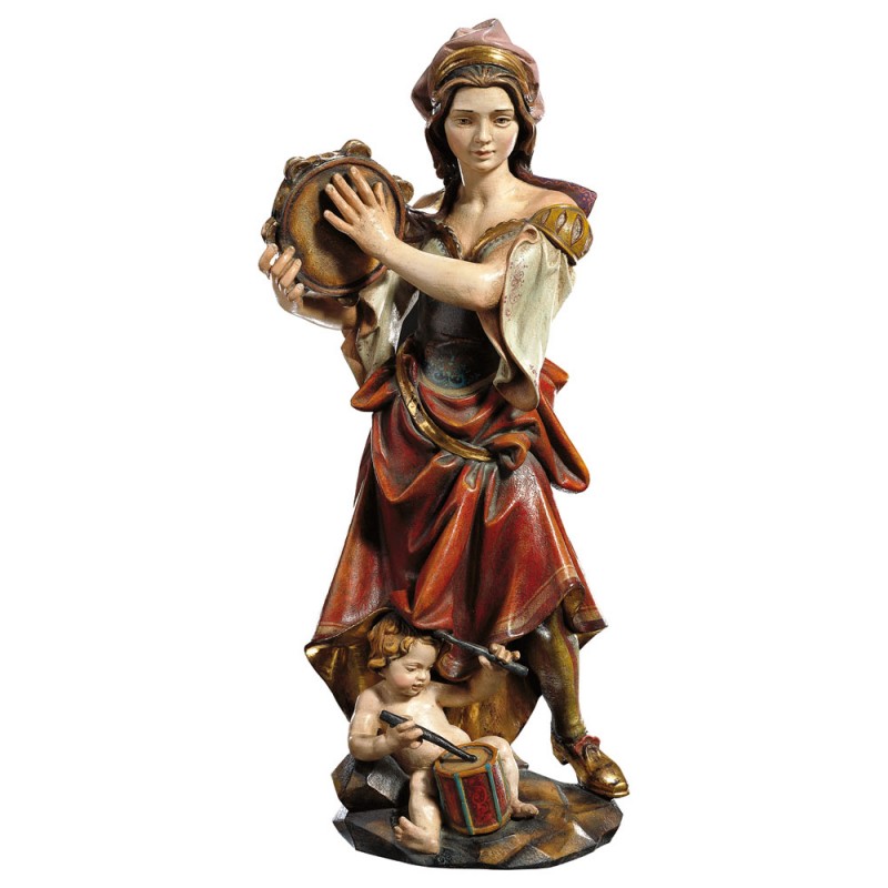 Dziewczyna grająca na tamburynie z dzieckiem - figura drewniana